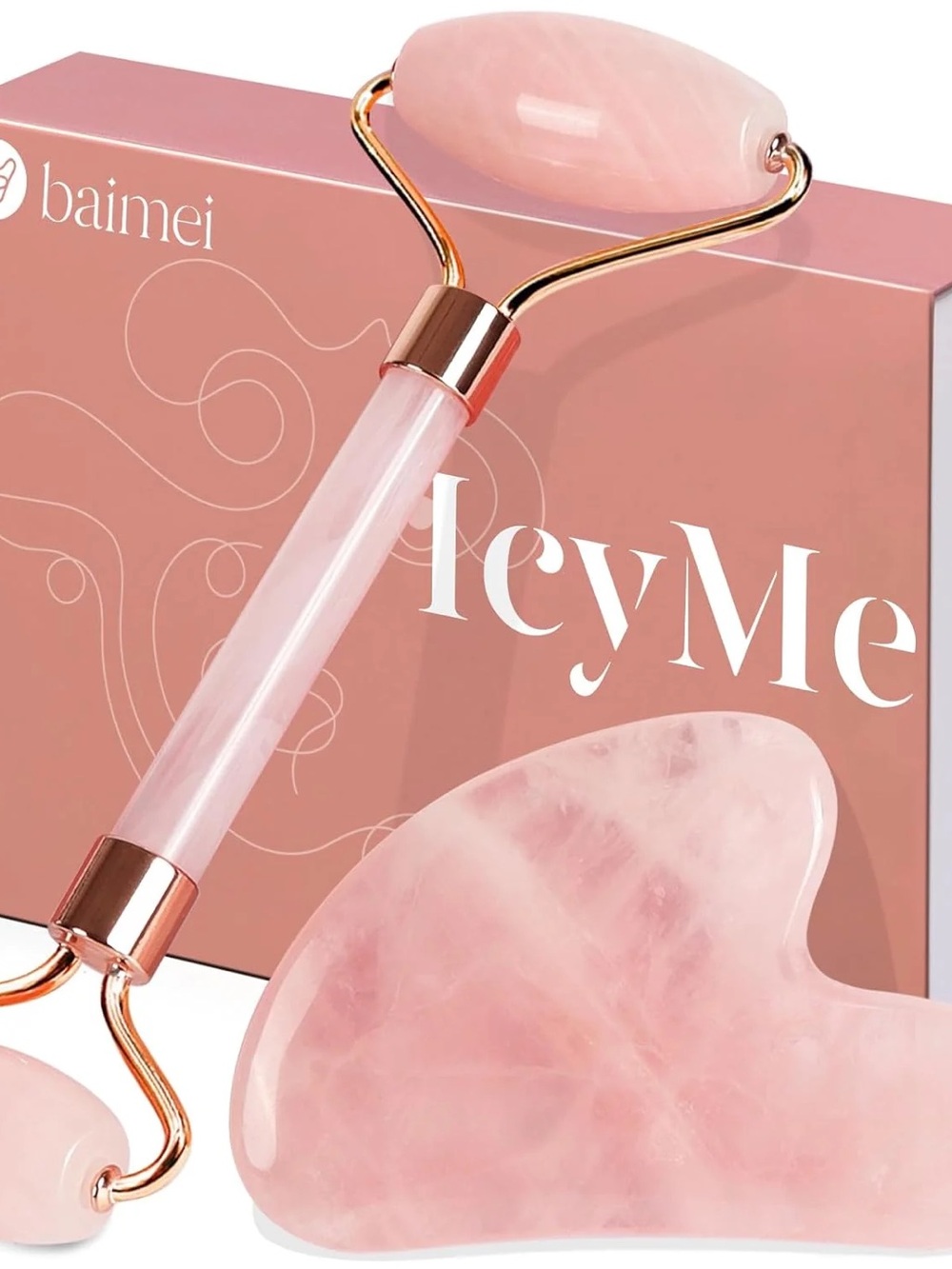 Baimei Rose Quartz Facial Roller & Gua Sha Set - Pink